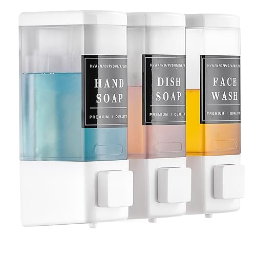 Shampoo and Conditioner Dispenser for Shower,3 Chamber,White | Wall Mounted, No Drill, 3×16.9oz,ABS Plastic Material,Refillable With Labels, For Bathroom Hotel - color: White