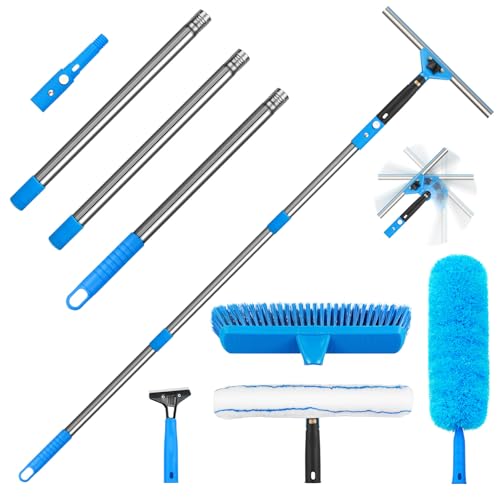 Window Squeegee，5 in 1 Bendable Head Window Squeegee for Home，61''Extension Poles，Bendable Head car Window Cleaner Tool，Squeegee for Shower Glass（Blue）
