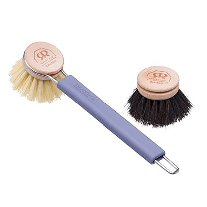 Redecker Dish Brush Set, Silicone Handle – Blue with Tampico & Horsehair Heads – Sustainable Cleaning System, Made in Germany - color: Blue