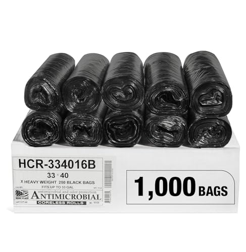 Aluf Plastics High Density Trash Bags, 33 Gallon, 1000 Count, 16 Micron (eq), 33" x 40", Black, for Bathroom, Office, Industrial, Commercial, Janitorial, Municipal, Recycling - color: Black, style: 33 Gal, 16 Micron Equiv, 1,000 Count