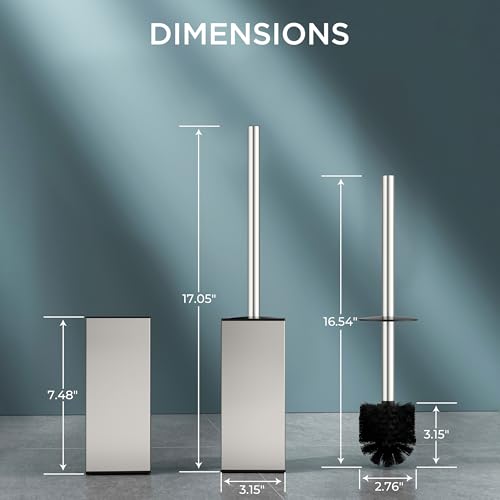 FORIOUS Toilet Brush and Holder Set, SUS304 Stainless Steel Square Base, Extended Long Handle, Drip-Proof & Space Saving, 2 Replaceable Brush Heads, Plastic & Silicone Dual Brush Head, Brushed Nickel - color: Brushed Nickel