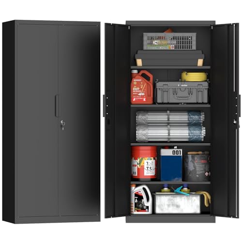 GREATMEET Garage Storage Cabinets, Metal Storage Cabinet with 2 Doors and Shelves, 71" H Locking Cabinet, Storage Cabinet Garage, Black - color: Black, size: 71"H × 32"W × 17"D-Garage