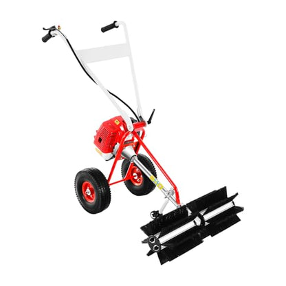 43CC 2 Stroke Power Broom Sweeper Cordless, 1.7HP Handheld Gas Power Held Sweeper Broom Grass Walk Behind Hand Lawn Sweeper with Wheels, Outdoor Turf Lawn Sweepers for Yard, Lawn, Driveway, Snow