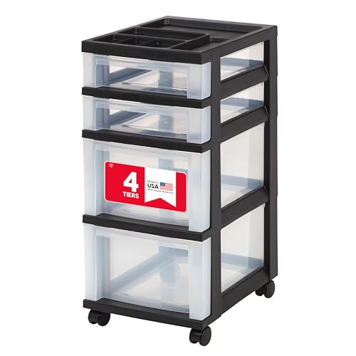 IRIS USA Plastic Drawer Storage Organizer Rolling Cart, with Wheels Casters, 4-Drawers, for Classroom Art Craft Supplies Dresser Closet Bathroom Laundry Room, Black/Clear - color: Black, size: 4 Drawer
