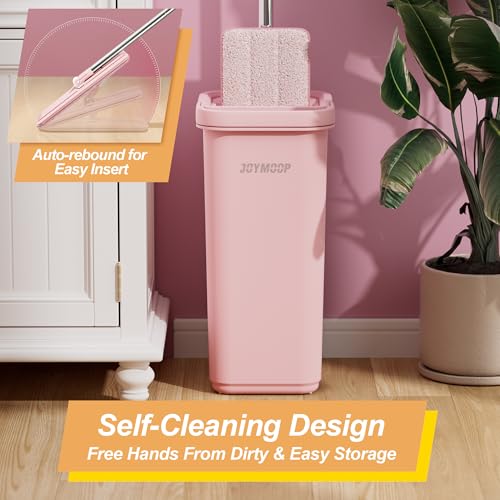 JOYMOOP Pink Mop and Bucket with Wringer Set for Home, with 3 Reusable Microfiber Mop Pads, Hands-Free Self-Cleaning System, Suitable for Floor Cleaning and Wall Cleaner - size: Middle Pink Bucket #13 + 60" Flat Mop + 3 Pads