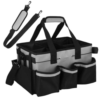 Wearable Cleaning Caddy Bag, Large Housekeeping Supply Organizer with Adjustable Shoulder Strap, Waist Strap and Handle, 600D Oxford Cleaning Tote with Dividers for Kitchen, Car Detailing, Black Gray