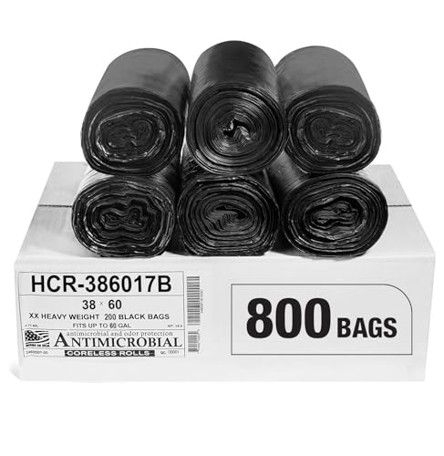 Aluf Plastics High Density Trash Bags, 60 Gallon, 800 Count, 17 Micron (eq), 38" x 60", Black, for Bathroom, Office, Industrial, Commercial, Janitorial, Municipal, Recycling - color: Black, style: 55-60 Gal, 17 Micron Equiv, 800 Count