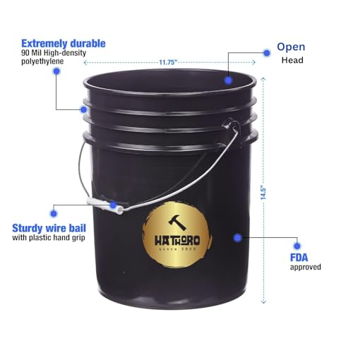 5 Gallon Food Grade Plastic Bucket, Open Head Pail with Handle, 12-3/8 in Diameter x 14-3/4 in Height (Black, 6 Pack) - color: Black, size: 6 Pack