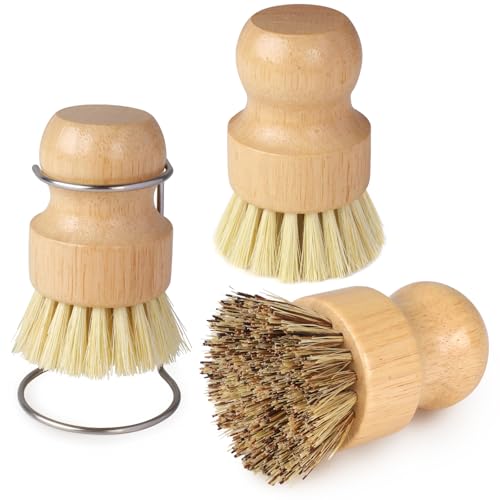 4 Pack Bamboo Dish Brush Set with Holder, 2 Sisal Dish Brushes & 1 Palm Scrub Brush, Natural Kitchen Scrub Brush for Dishes, Pots, Pans, Sink