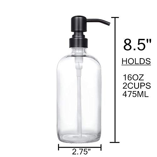 2 Pack Thick Clear Glass Pint Jar Soap Dispenser with Matte Black Stainless Steel Pump, 16ounce Clear Boston Round Bottles Dispenser with Rustproof Pump for Essential Oil, Lotion Soap - color: Matte Black