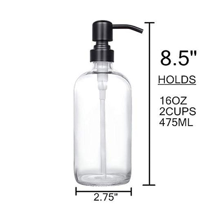 2 Pack Thick Clear Glass Pint Jar Soap Dispenser with Matte Black Stainless Steel Pump, 16ounce Clear Boston Round Bottles Dispenser with Rustproof Pump for Essential Oil, Lotion Soap - color: Matte Black