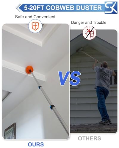26FT Reach Cobweb Duster, Outdoor Spider Web Cleaner Brush with 5-20FT Telescoping Extension Pole, Aluminium Heavy Duty, Medium Stiff Bristles Spider Web Brush for Outdoor & Indoor Cleaning