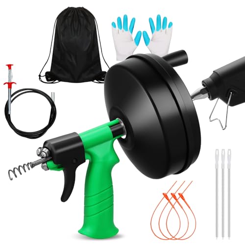 50 Ft Drain Snake, Fast Unclog Snake, Manual & Electric Plumbing Snaker for Shower Sink, Toilet and Kitchen, Drain Auger 50 ft Comes with Gloves and Bag, 1/4 Inch, Green