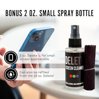 Delete Screen Cleaner Spray Kit, 2 Pack, 16oz and 2oz Bottle and 12"x12" Microfiber Cleaning Cloth, Streak-Free, Safe and Gentle Formula, Multi-Purpose for TVs, Computers, Monitors, Smart Phones - style: 2 Pack, 16oz and 2oz
