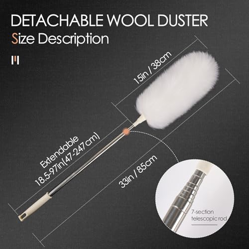 Extendable Lambswool Duster 29-110 Inch,Anti-Static Flexible Head, Stainless Steel Pole for Cleaning High Ceiling,Fan,Furniture,Roof Dusting - size: 110inch