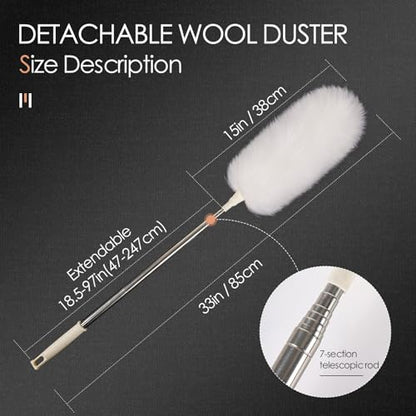 Extendable Lambswool Duster 29-110 Inch,Anti-Static Flexible Head, Stainless Steel Pole for Cleaning High Ceiling,Fan,Furniture,Roof Dusting - size: 110inch