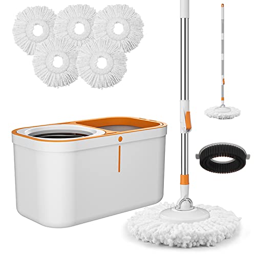 Spin Mop Bucket with Wringer System Extended Mop Handle 61＂Mop and Bucket for Floors Cleaning with 5 Replacement Head Refill 1 Cleaning Brush Head - color: Spin Mop Set