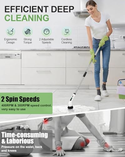 Electric Spin Scrubber Cordless Cleaning Brush Scrubber for Home Bath Tub Power Scrubber 9 Replaceable Brush Heads Detachable as Short Handle Shower Cleaning Brush Household Tools for Bathroom Floor