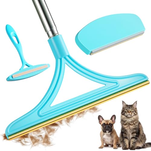 3 Pack Set Pet Hair Removal Tool – Reusable Carpet Rake Set with Long Handle, Dual-Sided Scraper & Detail Tool for Carpet, Furniture, Car & Embedded Dog & Cat Hair - color: Blue