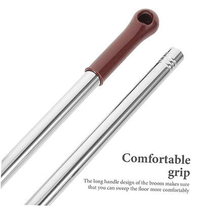 OUNONA Long Handle Soft Bristle Broom Stainless Steel Rod for Indoor and Outdoor Cleaning Red Wood Dust Removal Brush Anti-Static Household Sweeping Tool