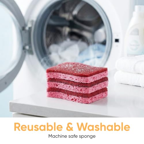 Superio Non-Scratch Cellulose Sponge Kitchen Scrub Sponges with Scouring Pad Set, Good for Non-Stick Cookware Frying Pan, Pot, Counter Top, Sink Scrubbing, Kitchen Scrubbers, Pack of 3, RedPink - color: Red, size: 3-pack