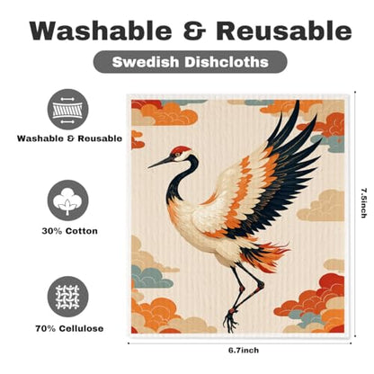 5 Pcs Artistic Red-Crowned Crane Swedish Dishcloths, Red-Crowned Crane Themed Swedish Dishcloth, Artistic Dish Cloths for Drying Dishes, Reusable Cleaning Cloths, Housewarming Gifts for Women - color: Lm 04253