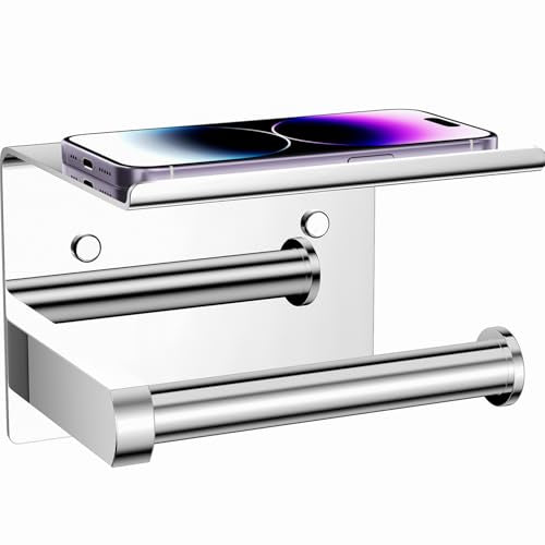 Tindbea Toilet Paper Holder with Phone Shelf, Adhesive or Screw Wall Mount Toilet Tissue Roll Holder, Rustproof & Multifunctional Stainless Steel Bathroom Storage Dispenser (Polished Chrome) - color: C-polished Chrome