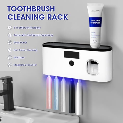 Punch-Free Wall Mounted Bathroom Toothbrush Holder, 5 Toothbrush Slots, Bathroom Toothbrush Sterilizer with Toothpaste Dispenser USB Charging Toothbrush Holder (White) - color: White