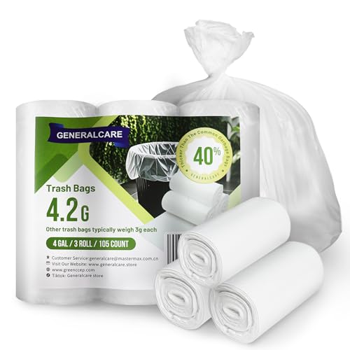 4 Gallon Small Trash Bags 105 Count Tear & Leak Resistant Small Garbage Bags For Bathroom White Trash Can Liners - 40% Thicker competitor brands roll bags - color: White