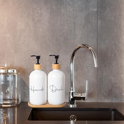 17 oz Hand Soap Dispenser Empty Glass Lotion Pump Bottles, Refillable Liquid Dish Soap Bottles for Bathroom, Kitchen Sink, White, 2 Pack - color: White, size: Hand + Dish