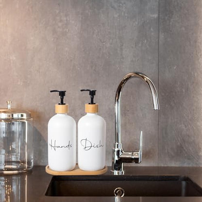 17 oz Hand Soap Dispenser Empty Glass Lotion Pump Bottles, Refillable Liquid Dish Soap Bottles for Bathroom, Kitchen Sink, White, 2 Pack - color: White, size: Hand + Dish