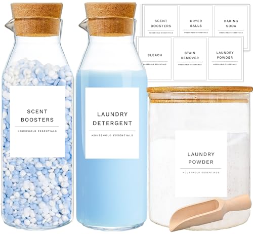 KOSKIMER Glass Laundry Detergent Dispenser Set, Liquid Detergent Containers, Scent Booster & Bleach Dispenser for Laundry Room (2 Bottles & Jar) - size: 2 Bottles & Jar