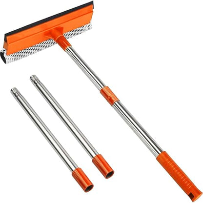15.9" Window Squeegee with Extension Pole - 2-in-1 Glass Cleaner and Sponge Scrubber for Shower, Car Windshield, Home and Outdoor High Windows with Stainless Steel Handle