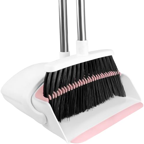 Broom with Dustpan Combo Set for Home, 52-in Long Adjustable Handle Angle Broom and Dustpan Set with Dustpan Comb Teeth for Sweeping Pet Hair Food Dirt Kitchen (White-Pink) - color: White-pink