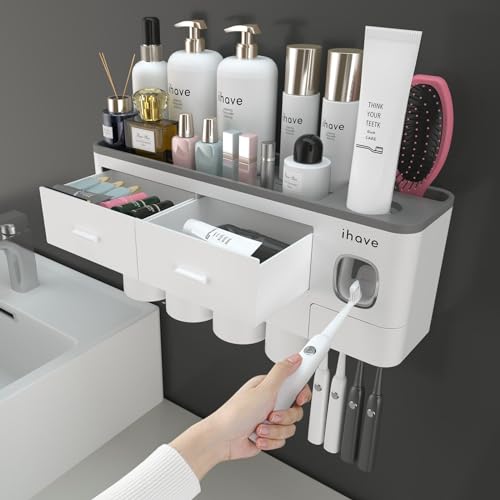 iHave Toothbrush Holders for Bathrooms, 4 Cups Toothbrush Holder Wall Mounted with Toothpaste Dispenser - Large Capacity Tray, 2 Cosmetic Drawer - Bathroom Organizer & Bathroom Accessories Set - color: White, size: 4 cup