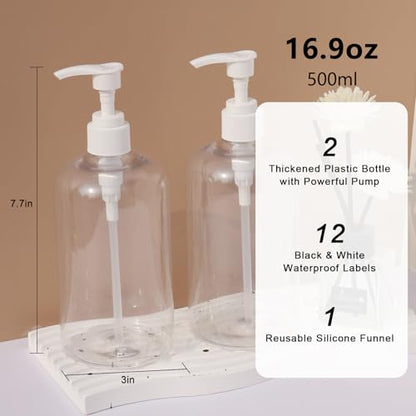 Soap Dispenser with Waterproof Labels, Thickened Plastic Hand Soap Dispenser for Bathroom, Kitchen Dish Washing Liquid Bottles, Shampoo and Conditioner Bottles (16.9 oz, Set of 2, Clear) - color: Clear