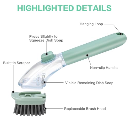Dish Brush with Soap Dispenser, Green Ergonomic Handle Spring-Loaded Bowl Brush for Kitchen Sink – Quick Clean Dish Scrubber Brush with Soap Dispenser for Dishes, Pots, Bowls