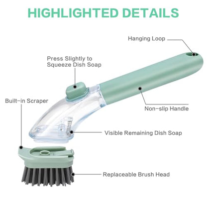 Dish Brush with Soap Dispenser, Green Ergonomic Handle Spring-Loaded Bowl Brush for Kitchen Sink – Quick Clean Dish Scrubber Brush with Soap Dispenser for Dishes, Pots, Bowls