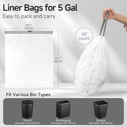 TIPGO 5 Gallon Trash Bags Drawstring, Pre-Cut Strong Wastebasket Bin Liners, White Garbage Bags for Home, Office, Bathroom (Code E, 60 Count) - color: 5gal-60