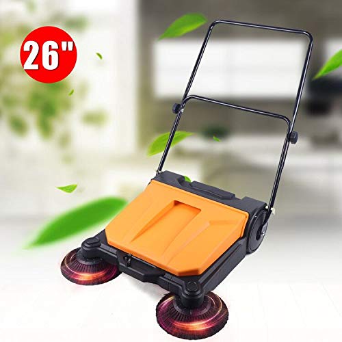 26'' Manual Sweeper Orange Belt 55 Liters Large-Capacity Trash Can Double Push Commercial Sweeper Floor Broom Cleaner SuitableRoads Chicken Farms Stations Airports