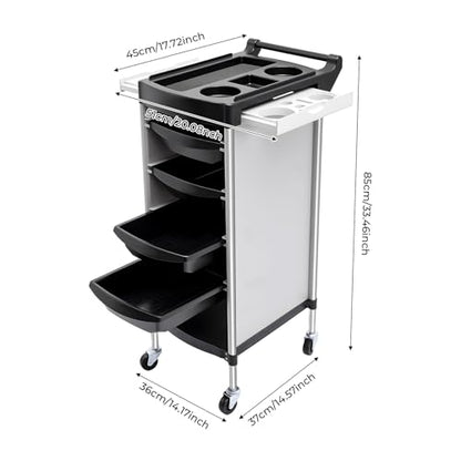 Salon Trolley Cart with Wheels, 6-Tier Beauty S-alon Cart with 4 Drawers, Space-Saving Rolling Salon Versatile Utility Cart, Open Top Floor, 110.23lbs Load-Bearing, Retractable Trays (White+Black) - color: White+black