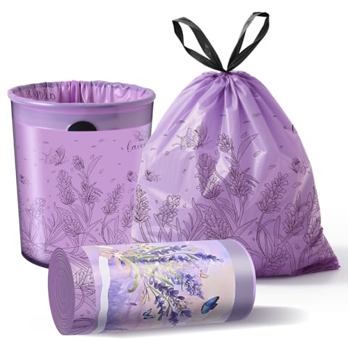 Lavender Scented Small Garbage Bags,Trash Bags 4 gallon Drawstring For Bathroom,Office,Bedroom,Car,Suitable for 2-4 gallon trash can,colorful Print,purple,50 Counts - color: purple, size: 50 Count (Pack of 1)