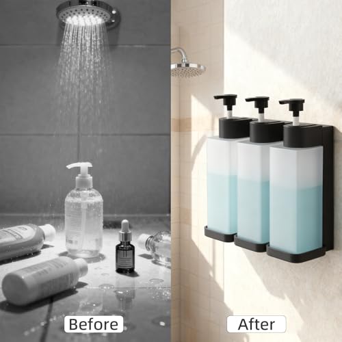 Shampoo and Conditioner Dispenser, Shower Soap Dispenser Wall Mounted 10fl oz/300ml *3 Chamber Shampoo Bottles Refillable with Black Pump for Bathroom Hotel, Grey - color: Grey 3 Chamber