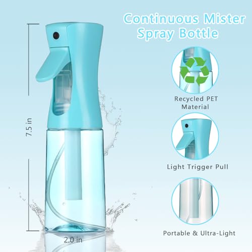 3 Pack Spray Bottles, Continuous Spray Bottle, Fine Water Mist Spray Bottles for Hair, 2-Pack 6.8 OZ (200 ML) and 1oz 30ml Travel Spray Bottle Mister for Cleaning,Plants,Barbers,Blue