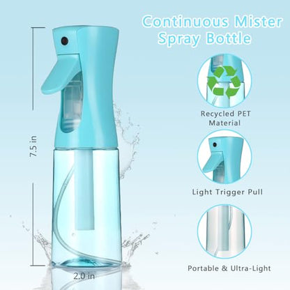 3 Pack Spray Bottles, Continuous Spray Bottle, Fine Water Mist Spray Bottles for Hair, 2-Pack 6.8 OZ (200 ML) and 1oz 30ml Travel Spray Bottle Mister for Cleaning,Plants,Barbers,Blue
