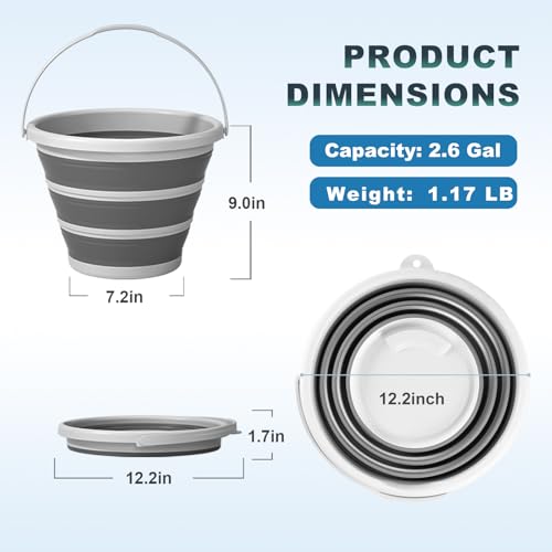 Gronivex 2.6 Gallon Collapsible Bucket with Handle - Foldable Portable Water Pail for Car Wash, Camping, RV, Boat, Fishing - Space-Saving Multi-Purpose Cleaning Bucket, BPA Free