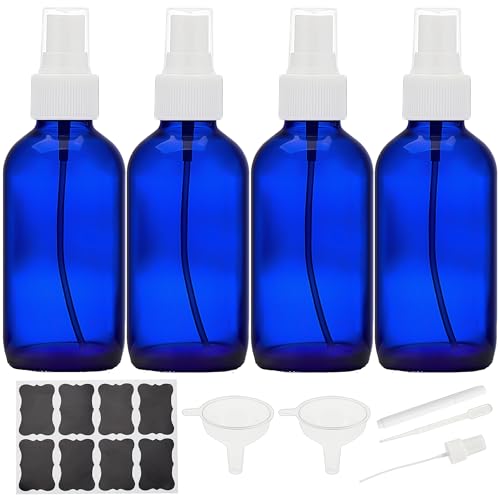 Cobalt Blue Glass Spray Bottles 4 oz, Small Empty Spray Bottles for Essential Oils, Fine Mist for Face, Hair, Plants, Travel, Perfumes, Cleaning Solutions - 4 Pack