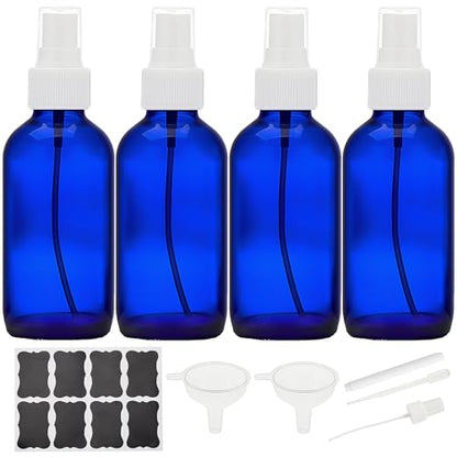 Cobalt Blue Glass Spray Bottles 4 oz, Small Empty Spray Bottles for Essential Oils, Fine Mist for Face, Hair, Plants, Travel, Perfumes, Cleaning Solutions - 4 Pack