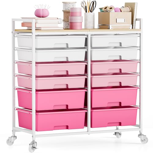 Rolling Storage Cart with 12 Drawers, Wooden Tabletop Utility Cart for Craft Storage, Art Supply Storage & Home Office Organization, Teacher Cart with Wheels for Classroom Organization, School - color: Gradient Pink