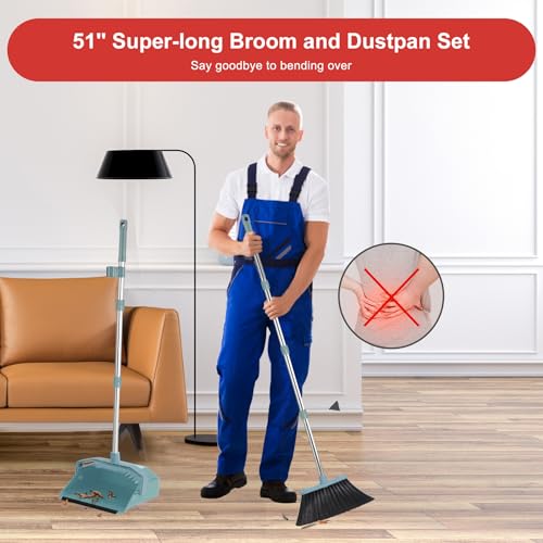 Tiumso Upgrade Broom and Dustpan Set, Broom with Dustpan Combo Sets, Large Brooms and Dust Pan with Handle, Self-Cleaning Dust Pans, Heavy Duty Broom and Dustpans Set for Lobby Kitchen Office - Green - color: Green